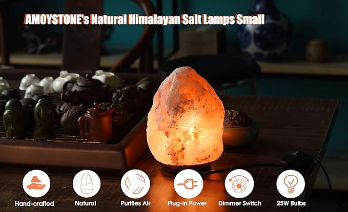 AMOYSTONE Portable Salt Lamp 6-7 Inch, Natural Himalayan Crystal with Wood Base & Dimmer(4-6 lbs)