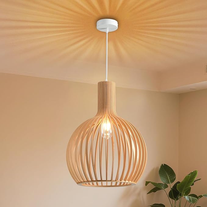Wood Pendant Light, Natural Weaving Hanging Lamp, E26 Base Wooden Hand Made Chandelier, Boho Height Adjustable Dining Table Hanging Lamp for Bedroom Bar Café Kitchen Island Hallway Living Room