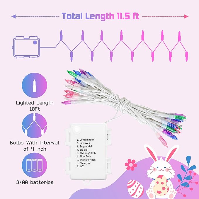 30 LED Easter Mini Lights - 11.5Ft Pastel Colored Battery String Light with 8 Modes, Timer, Waterproof - Fairy Christmas Lighting for Outdoor Tree Bedroom House Party Garland Decorations - White Wire