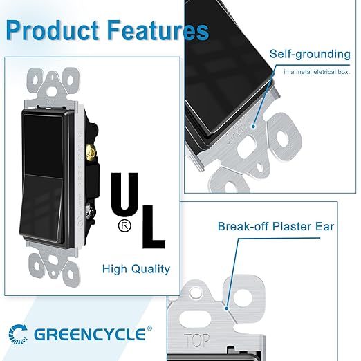 Greencycle Black Single Pole Rocker Light Switch,24PCS Paddle Light Switch 15 Amp,Sp Switches White,120V-277V AC,On/Off Wall Switches, Residential/Commercial Grade,Home & Office,UL/CUL