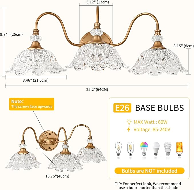 Vintage Bathroom Vanity Light, 3-Light Matte Deep Brass Finish Vanity Light with Flower-Shaped Clear Glass Shades, Retro Wall Sconce for Bathroom
