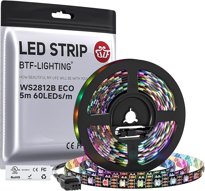 BTF-LIGHTING WS2812B ECO RGB LED Strip,UL Listed,Individually Addressable,16.4FT 60LED/m 300Pixel DC5V 5050SMD,Alloy Wire Flexible 3M Tape for DIY Chasing Color Project IP30(No Adapter or Controller)