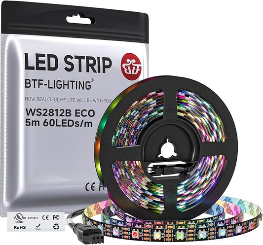 BTF-LIGHTING WS2812B ECO RGB LED Strip,UL Listed,Individually Addressable,16.4FT 60LED/m 300Pixel DC5V 5050SMD,Alloy Wire Flexible 3M Tape for DIY Chasing Color Project IP30(No Adapter or Controller)