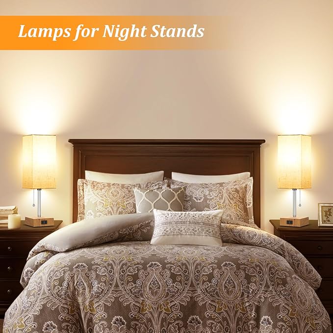 Table Lamp for Bedroom set of 2,3-Color Bedside Lamps with Pull Chain Table Lamps for Nightstand with AC Outlets,Small Night Light Lamps with 2 Bulbs Lamps for Living Room Kids Room Office Decor（Wood）