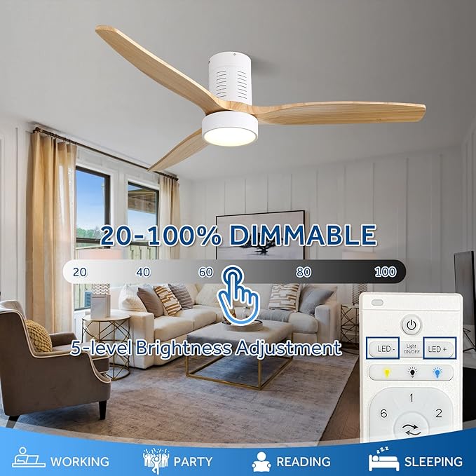 Sofucor Low Profile Ceiling Fan with Lights and Remote Control, 52'' Wood Ceiling Fan with 3 Color Temperature & Adjustable Brightness, Burlywood