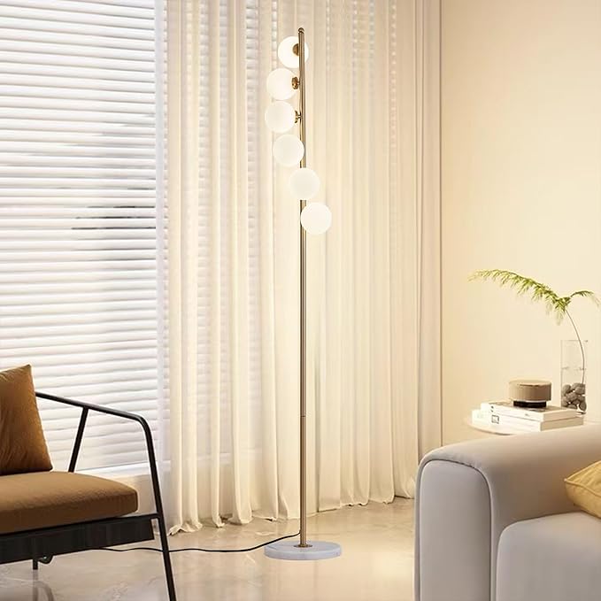 NKU Mid Century Gold Retro Floor Lamp - White Glass Lampshade with Foot Switch, 3 Color Temperatures, 6 Globe Standing Tall Lamp for Living Room, Bedroom & Office