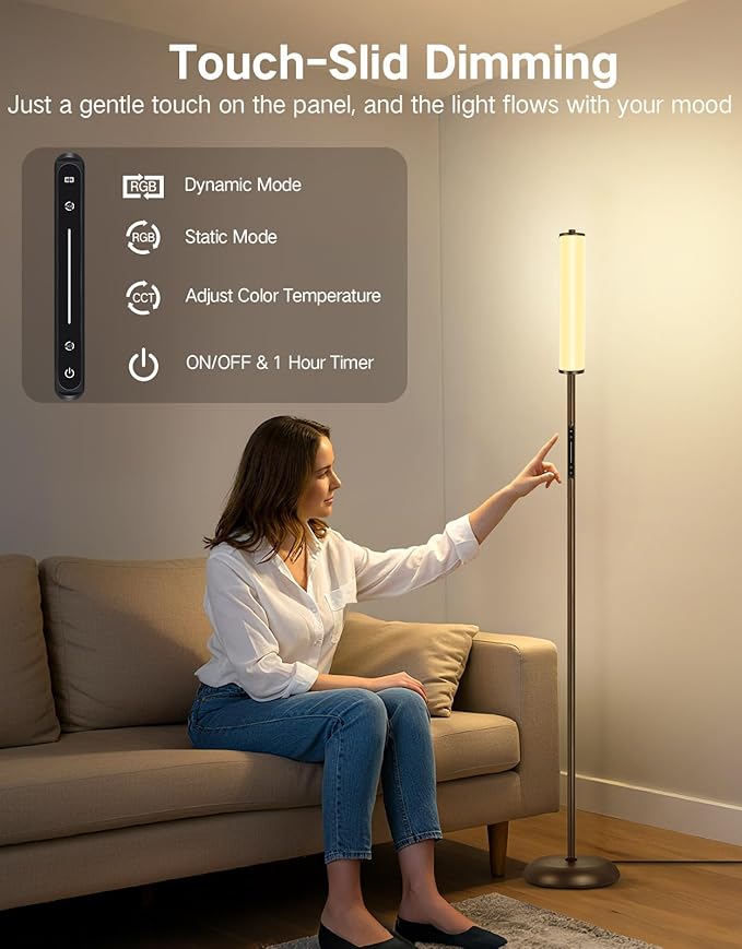 OUTON Corner Floor Lamp with Remote, Touch & App Control, RGB Color Changing Standing Lamp with 32 Modes, 360 Lighting, 3 Color Temperatures, Dimmable 66 in Tall Lamp for Living Room Bedroom,Brown