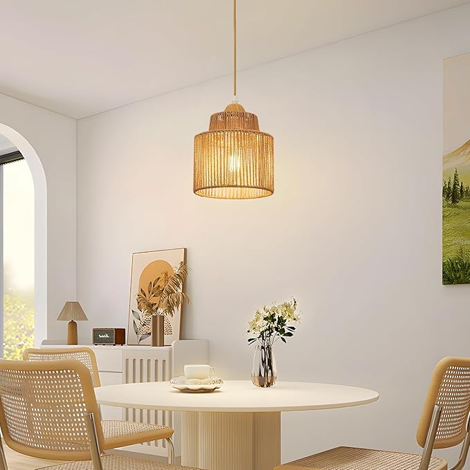 Boho Rattan Pendant Light Kitchen Island,Farmhouse Chandeliers Adjustable Height Hanging lamp for Dining Room,Kitchen Ceiling Lights Fixtures with Round Woven Wicker Lampshade Lighting