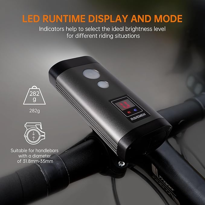 RAVEMEN PR2000 Bike Light for Night Riding Mountain Biking, 2000 Lumens Rechargeable Bike Headlight with LED Display, Wireless Remote, Anti-Glare Beam, IPX8 Waterproof