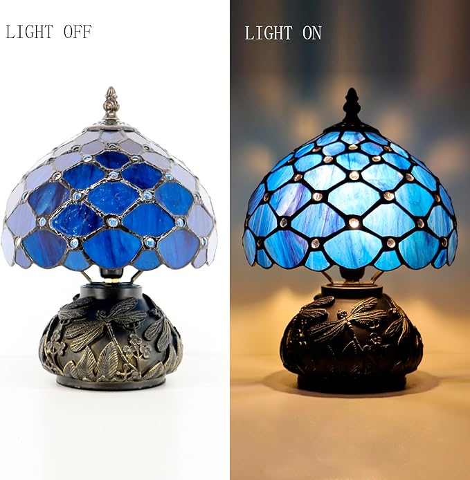 Small Tiffany Mushroom Table Lamp,Mini Memory Sympathy Antique lamp 8X11 Inch (Blue Beads)