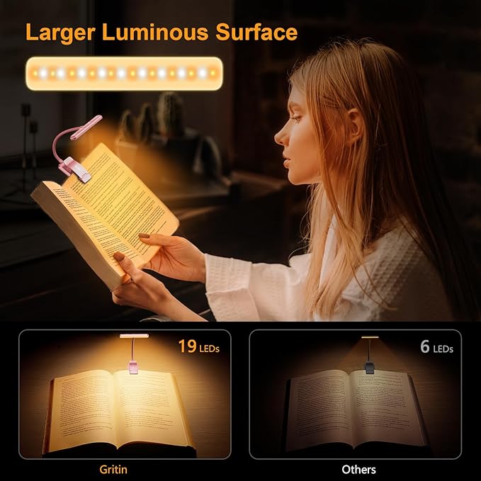 Gritin 19 LED Rechargeable Book Light for Reading in Bed with Memory Function- Eye Caring 3 Color Temperatures,Stepless Dimming Brightness,90 Hrs Runtime Clip on Light for Book Lovers-Pink