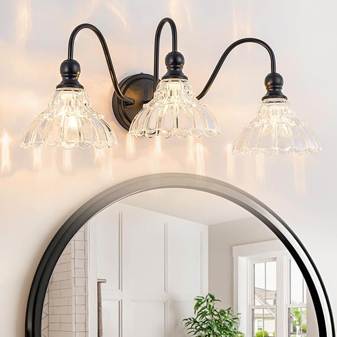 Vintage Bathroom Light Fixtures Over Mirror, 3-Light Black Wall Sconce Lighting with Flower Glass Shade, Farmhouse Vanity Lights for Bedroom Kitchen Living Room Hallway Light