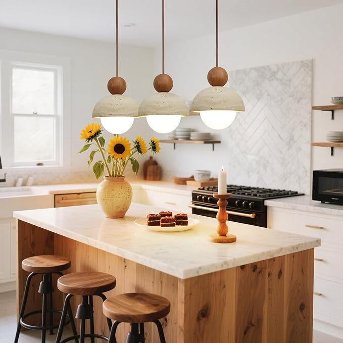 Japanese Lamp Wabi-Sabi Decor Natural Travertine Stone Pendant Light with Glass and Solid Wood Mini Pendant Lights, Using G9 Bulbs, Suitable for Kitchen Island, Dining Room, (Wood Color)