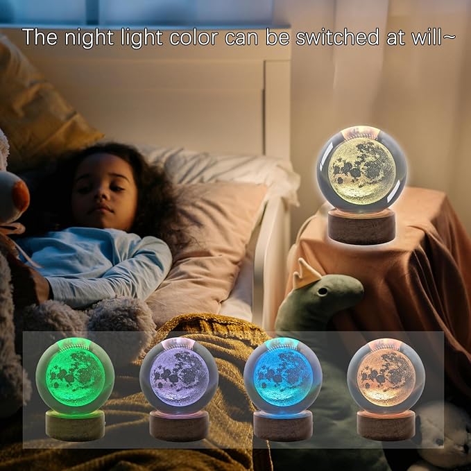 3D Moon Crystal Ball Night Light & Planet Lamp - 2.36" Glass Sphere, Automatic Color Change with 16 Colors & 4 Modes - Ideal Decorative Gift for Boy Girls Friends (3-Moon, 2.36" (Inch))
