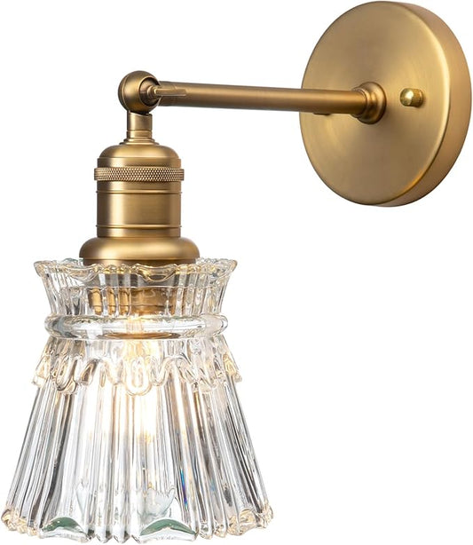 Yosoan 1-Light Vanity Indoor Wall Sconce, Brass Vintage Industrial Single Modern Light Hardwired Fixture Lamp with Petal Stripes Glass Shade for Bedroom Bathroom Kitchen Living Room Hallway(Antique)