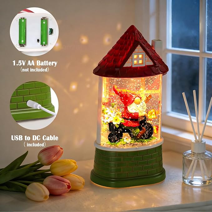 Spring Snow Globe Lantern Easter Decorations for Home with Timer Swirling Glitter, Lighted Indoor Decor Gifts with Gnome, USB or Battery Operated
