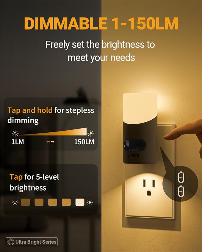 Lyridz LED Night Lights Plug into Wall with Motion Sensor, 1-150LM Dimmable Plug-in Nightlight Indoor for Bedroom, Bathroom, Hallway, Stairs, Pet House, Toilet, 2 Pack