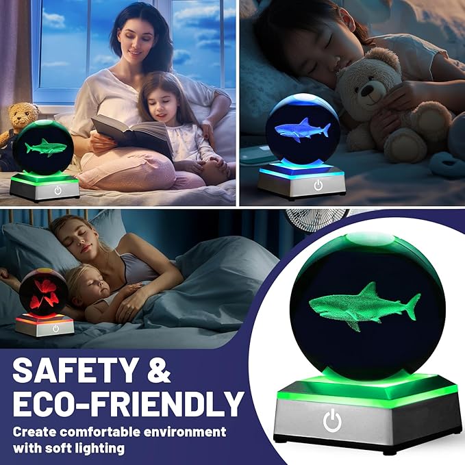 3D Shark Crystal Ball Night Light with LED Colorful Touch Base 3.15 Inch Shark Figurines Glass Sphere Lamp for Birthday Christmas, Cool Shark Home Table Lamp Decor Gifts for Boys Kids Teens Women