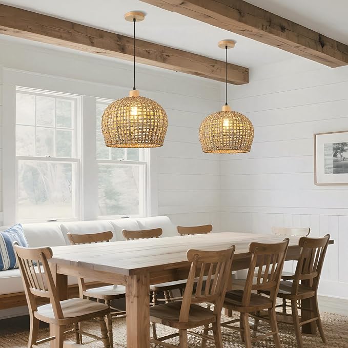 Rattan Pendant Lights Kitchen Island, 16" Wicker Hand-Woven Light Fixture Coastal Lighting Hanging Ceiling Boho Large Chandelier for Restaurants Living Dining Room Farmhouse
