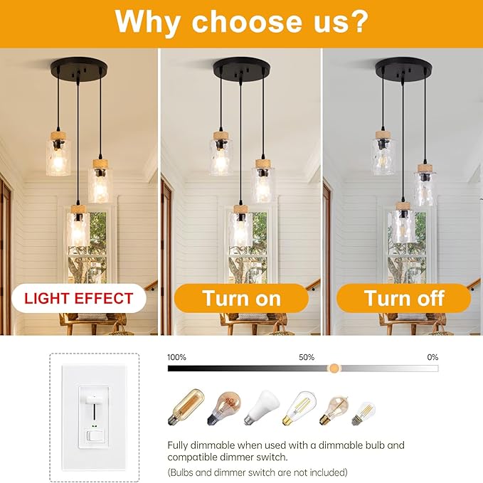 Modern Pendant Lights Kitchen Island, 3-Light Black Pendant Light Fixtures with Clear Hammered Glass Shade, Industrial Farmhouse Hanging Pendant Lights Fixture for Kitchen Island Dining Room Entryway