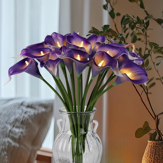 20pcs Lighted Artificial Calla Lily Bouquet Light Faux Floarl Night Light Real Touch Flower Night Lamp LED Calla Lily lighted Artificial Flower for Holiday Gifts Home Kitchen Decor(Purple, No Vase)
