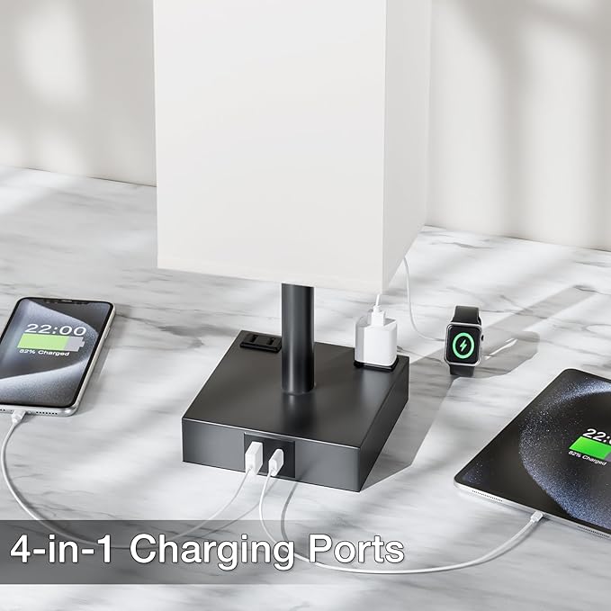 Touch Bedside Table Lamp for Nightstand - 3-Way Dimmable Night Lamp with USB A + Type C Charging Ports and Two AC Outlets, Small Desk Light with E26 LED Bulb for Bedroom Living Room,White Black