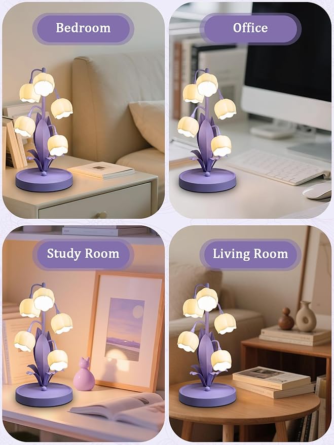 Flower Lamp for Home,Bedside Vintage Table Lamps,5 Lily of The Valley Reading Lights,3 Colors Modes Kawaii Bedside Lamp Decor,with G4 Bulb Nightstand Light for Living Room Office Bedroom (Purple)