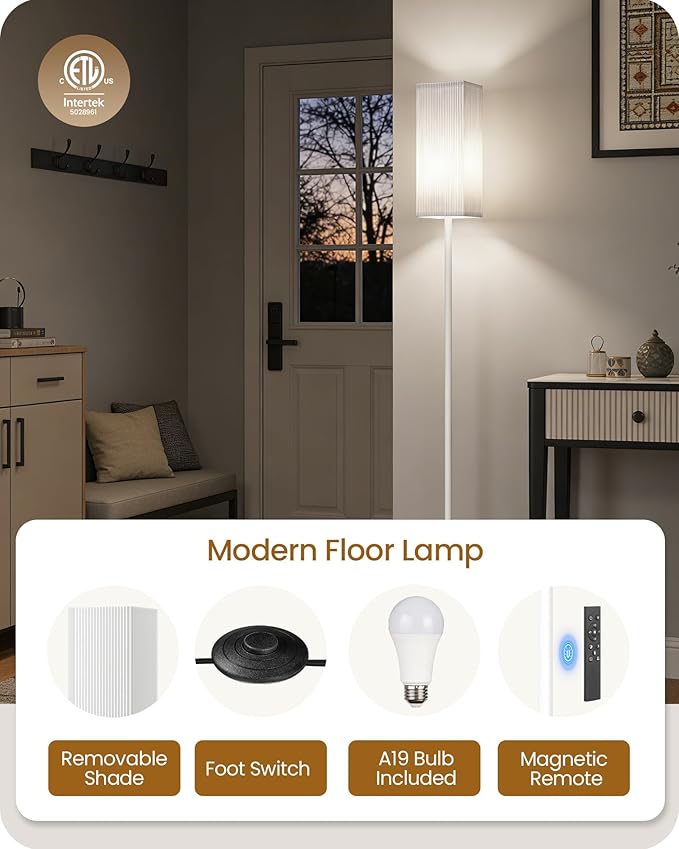 64.2'' Dimmable Floor Lamp for Living Room with Remote and Foot Switch, Corner Floor Lamp for Bedroom, Includes 10W A19 Bulb, Modern Standing Tall Lamp, ETL Listed, White WCW17LD05