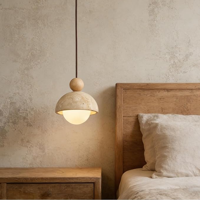 Wabi Sabi Travertine Pendant Light, 7.1 inch Natural Stone & Wood Hanging Lamp for Kitchen Island, Hallway, Bedroom, Dining Room Ceiling Decor (G9 Bulb, Stone Round, 1pcs)
