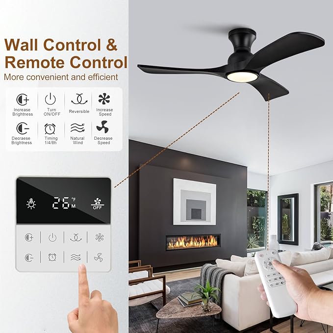 Black Ceiling Fans with Lights Flush Mount,42 inch Solid Wood,Remote Control,Wall Switch,Dimmable,Reversible,Noiseless,Power Off Memory Modern Ceiling Fan Low Profile for Bedroom Indoor/Outdoor
