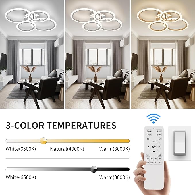 Modern LED Ceiling Light Fixture, 4 Rings Dimmable Flush Mount Ceiling Light with Remote, Acrylic Close to Ceiling Lighting Fixture for Low Ceiling Living Room Bedroom Kitchen (4 Heads)