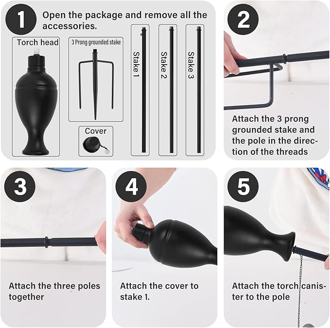 6 Pack Metal Torches for Outside, Upgraded Metal Torches with 3-Prong Grounded Stake, Extra-Large 58-Inch Citronella Torches for Party Patio Pathway (More Stable)