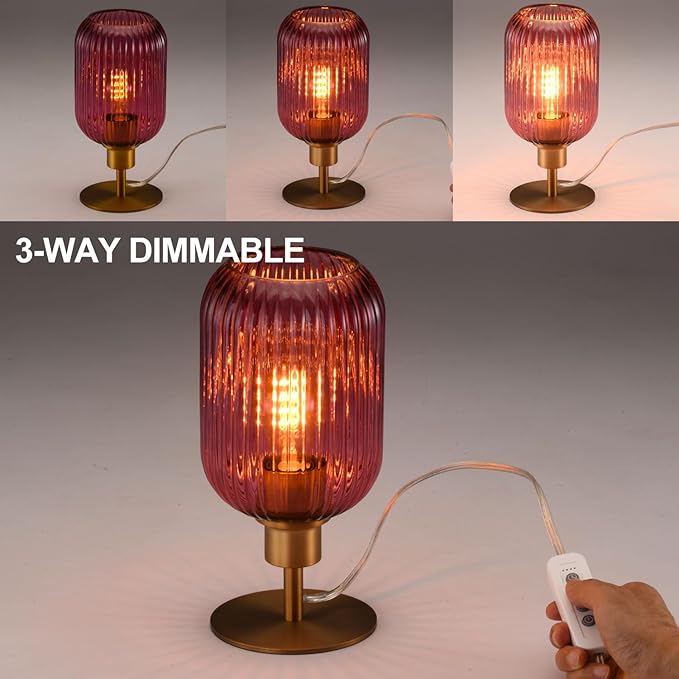 Mid Century Glass Table Lamp,Dimmable Desk Lamp,LED Bulb Included,Timer Build-in,Purple Ribbed Glass