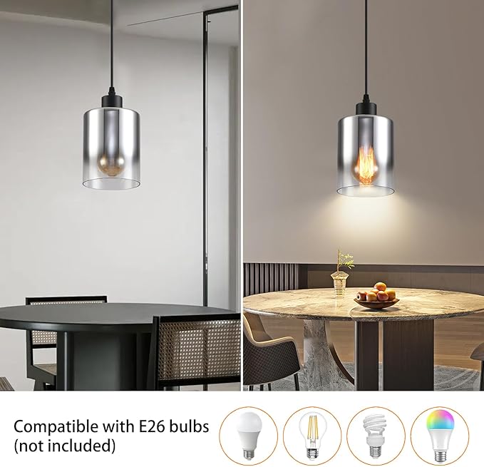 3-Pack Silver Gradient Industrial Pendant Lighting, Modern Black Glass Shade Farmhouse Adjustable Hanging Light Fixtures for Kitchen Island Living Room Bedroom Hallway