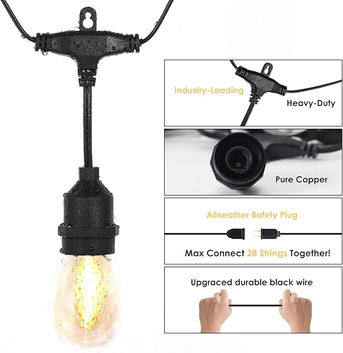 Outdoor String Lights LED 50FT Patio String Lights for Outside with S14 Teardrop-Shaped Bulbs Waterproof Flat Light Christmas Hanging Pendent Lights for Balcony Backyard Garden 2700K