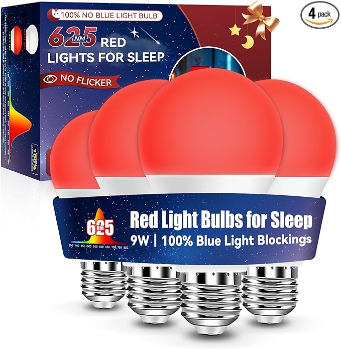 Neporal 625nm Red Light Bulbs for Sleep, 100% Blue Light Blocking Light Bulbs for Melatonin Promoting, A19 LED 9W 60W Equivalent Dim Red Night Light Bulb for Baby Nursery, Sleeping, Reading, 4-Pack
