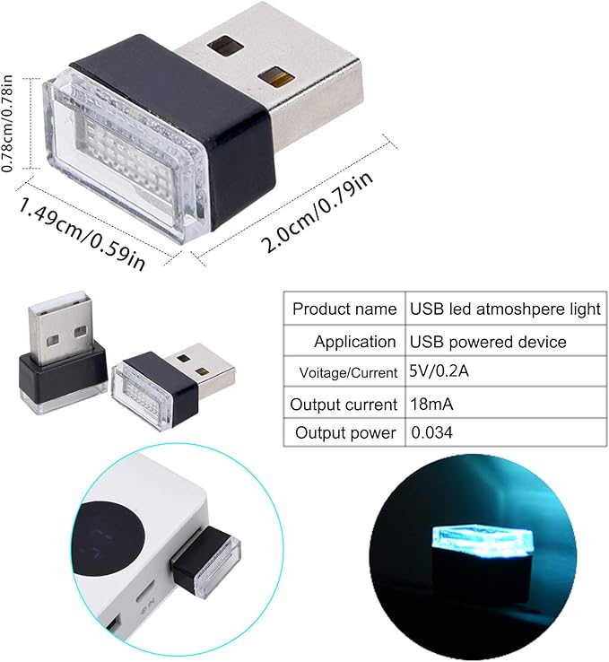 Febrytold 4Pcs Ice Blue USB Car Interior Atmosphere Lamps, Universal Mini Led USB Lights for Car Decoration, Lighting