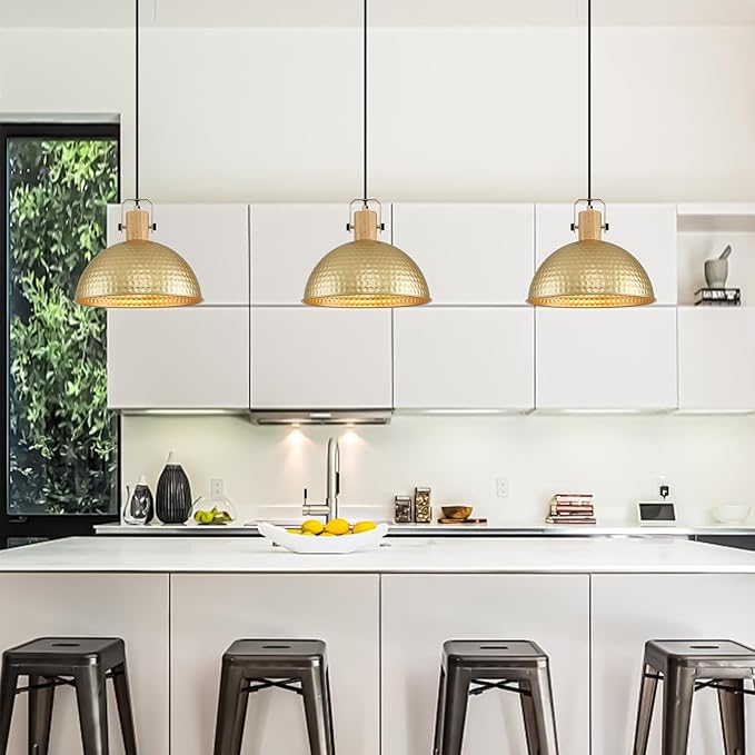 12 Inch Gold Pendant Lights Hammered Matte Pendant Lights for Kitchen Island Industrial Farmhouse Adjustable Height Dome Hanging Light Fixtures for Barn, Dining Room 3 Packs