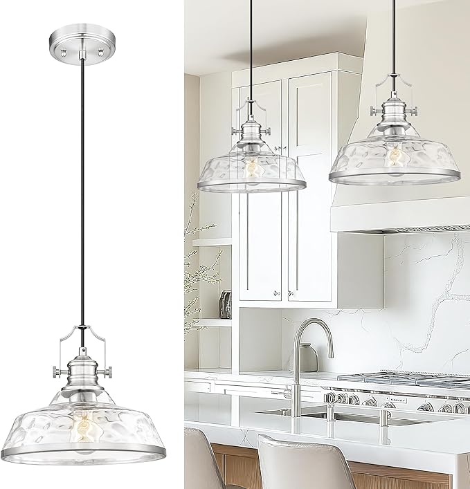 kudos Pendant Lights Kitchen Island, 11" Large Brushed Nickel Kitchen Island Lighting with Clear Hammered Glass Shade, Industrial Hanging Light Fixture for Kitchen Sink Dining Room, KDPL13-BN-H