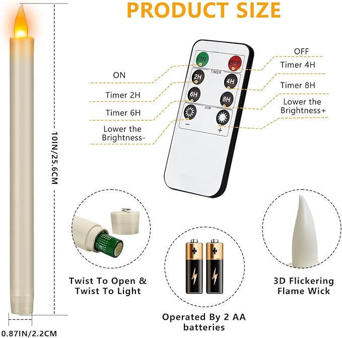 Flameless Taper Candles with Remote, 10" White Battery Operated Led Candlesticks with Flickering 3D Flame, Fake Taper Candles for Christmas Thanksgiving Wedding Home Décor (Ivory, 24 Pack)