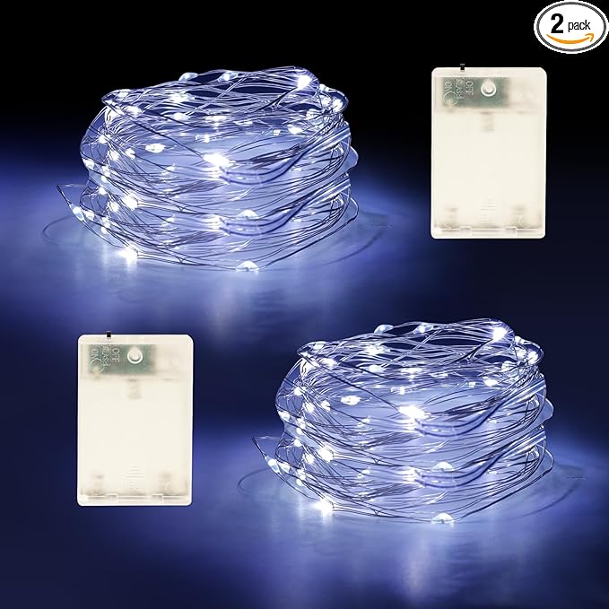 Fairy Lights Battery Operated String Lights 16.4ft 50LED Flashing and Constant Light Waterproof Silver Wire for Christmas DIY Party Wedding Decoration (White, 2 Pack)