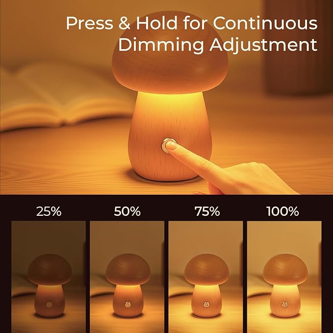 Mushroom Lamp, Rechargeable Touch Control Mushroom Night Light, Portable Dimmable Wooden Lamp for Kids Room, Bedroom, 3.9" H