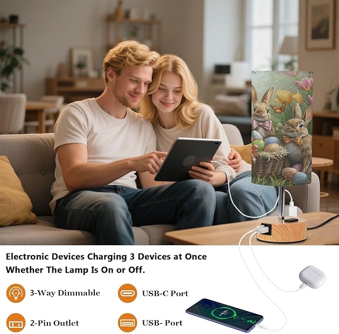 ALAZA Bedside Table Lamp Rabbit Easter Bunny Egg Touch Lamp for Bedroom 3 Way Dimmable Nightstand with USB Charging Ports Living Room, LED Bulb Included