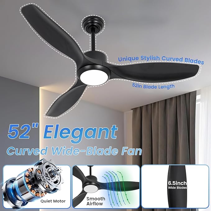 Modern Ceiling Fan with Light, 52 inch, 3 Color Temperature, 6 Speed, DC Motor, for Bedroom/Outdoor/Patios, Black
