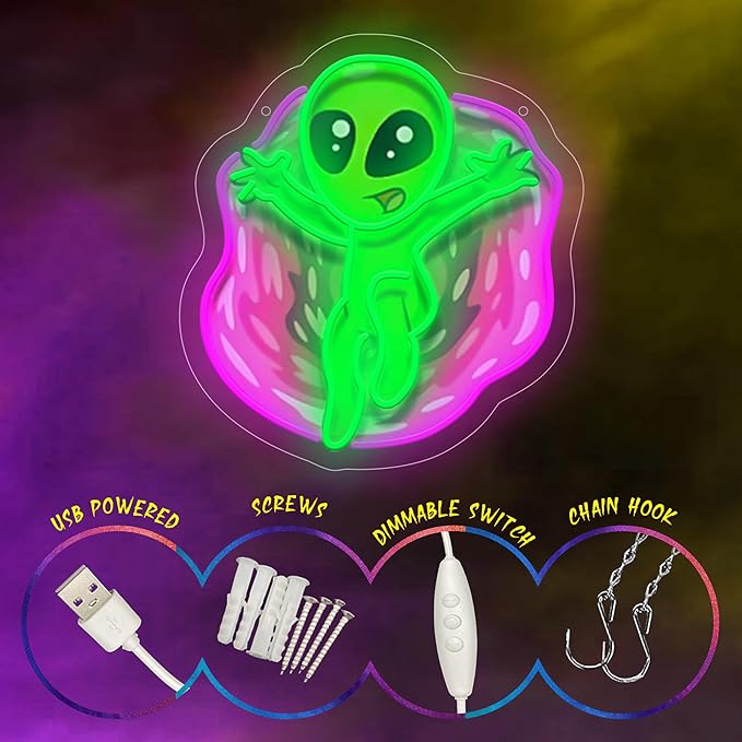 Alien LED Neon Sign, Green UFO Alien Neon Light for Wall Decor, USB Powered Neon Wall Light for Game Room, Bedroom, Party, Bar, with UV