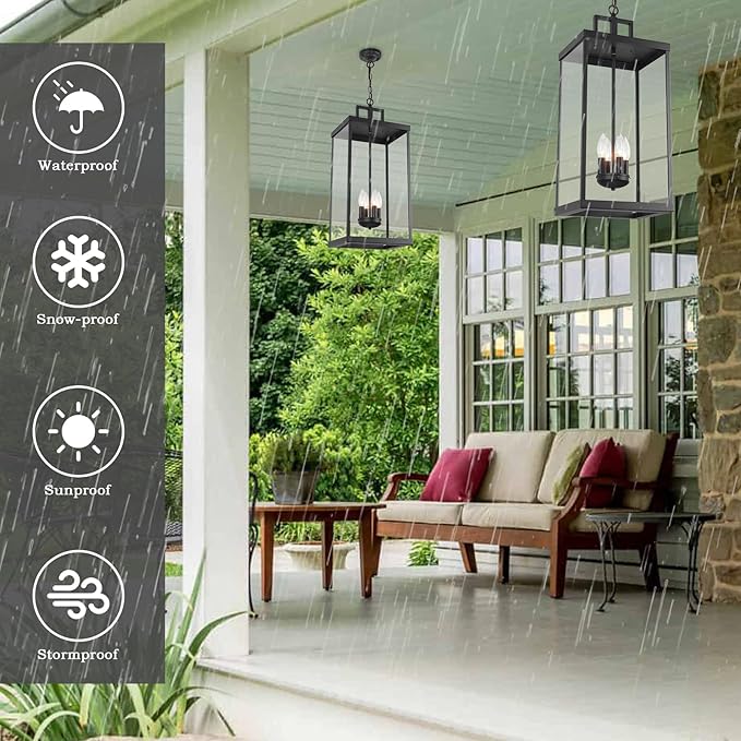 Outdoor Pendant Light, 25'' Large Hanging Lights Lantern Light, Modern Outside Chandelier with Clear Glass, Exterior Gazebo Light for Patio, Porch, Yard, Garage