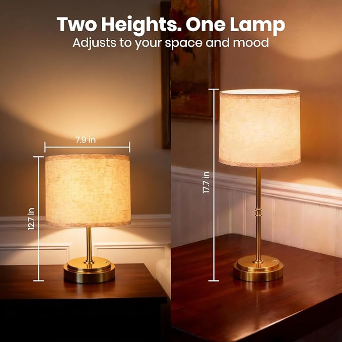 AWOKE Cordless Table Lamps Set of 2, 7500mAh Rechargeable Battery Operated Lamps with Fabric Shade, Stepless Dimming, Height Adjustable Nightstand Lights for Bedroom & Dining Table, Brass-Toned Base