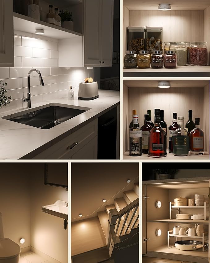 EZVALO 8 Pack Motion Sensor Closet Lights with Charging Station, 1200mAh Rechargeable LED Night Lights, Under Cabinet Lights, Puck Light, Dimmable, 3 Color Temps, Magnetic, Stick on for Kitchen