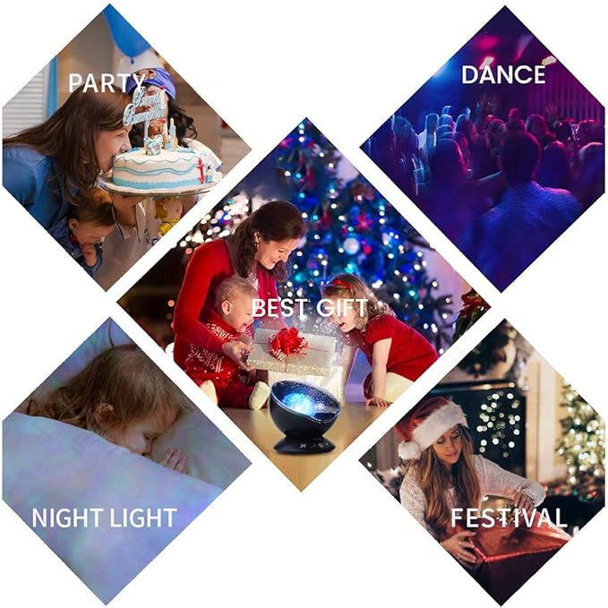 TOMNEW Ocean Wave Projector, Night Light Projector with Remote Control Timer 8 Colors LED Lighting Modes Music Speaker Water Lamp for Kids Adults Bedroom Living Room Party Decorations (Black)