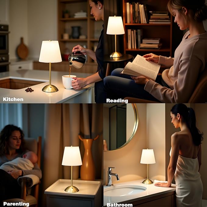 Cordless Rechargeable Table Lamp 3-Color Dimmable Touch Control, 3000mAh Battery Operated Portable Light Beige Fabric Shade for Bedroom, Living Room, Office, Nursery, Bathroom ( Antique Brass, Gift )